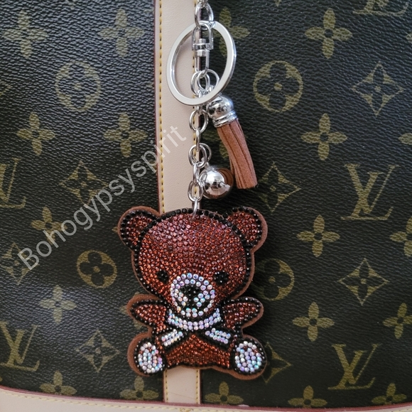 Bling Teddy Bear Crystal Rhinestone Keychain Bag Charm With Brown Tassel - Picture 10 of 11